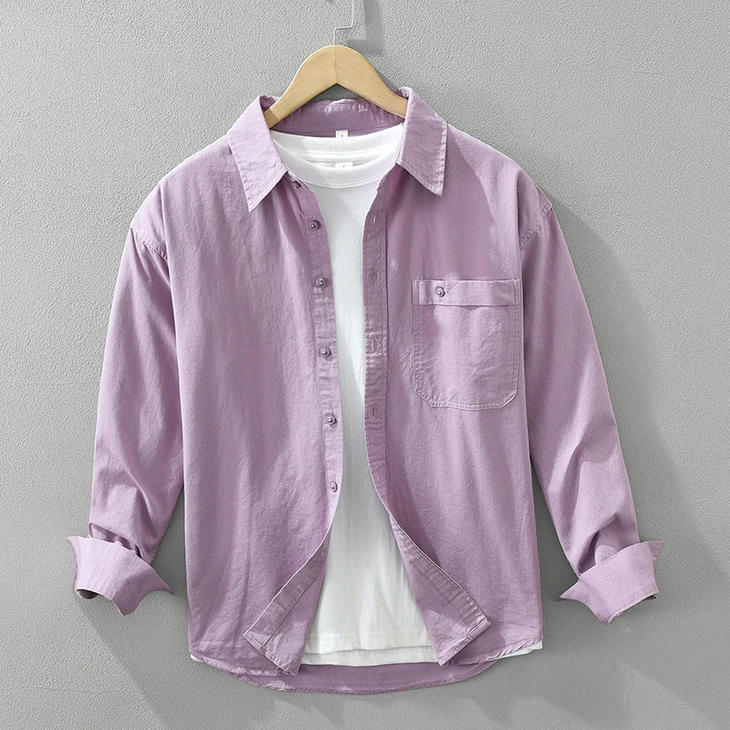 Men's Cotton Casual Purple Long Sleeve Shirt - Turn-down Collar 2024 Dress Shirt