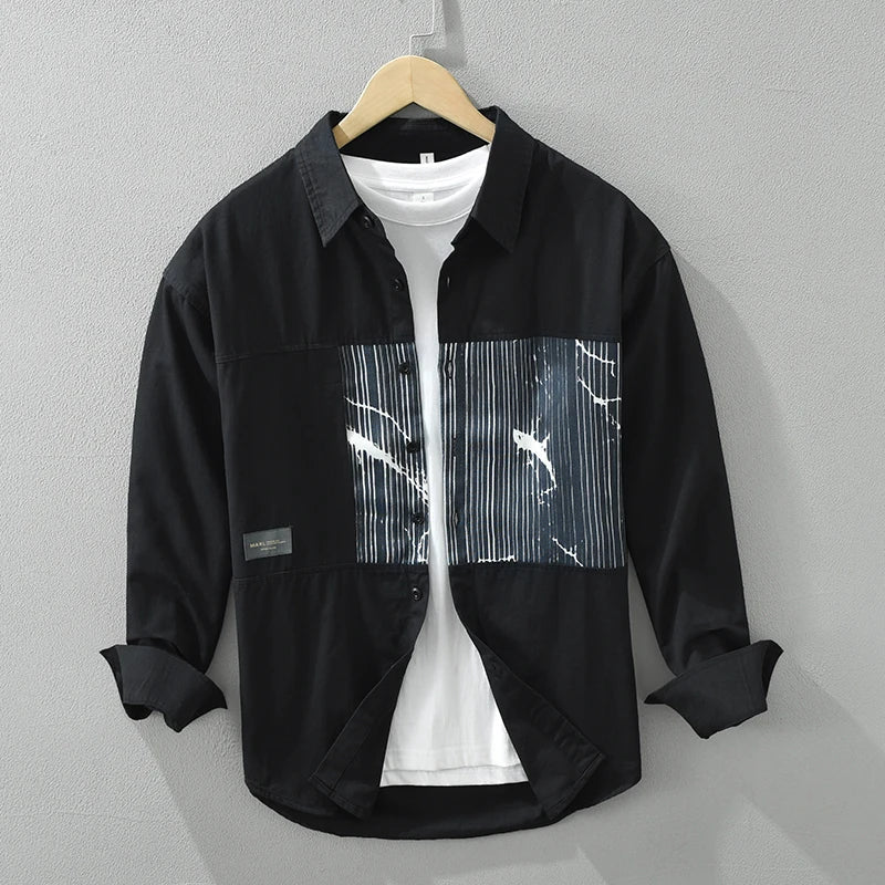 Men's Striped Patchwork Long Sleeve Shirt - Loose Casual Shirt