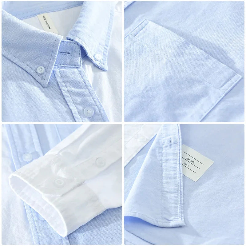 Autumn New Long Sleeve Patchwork Shirt for Men Cotton Turn-down Collar Blue Shirts Fashion Men's Clothing