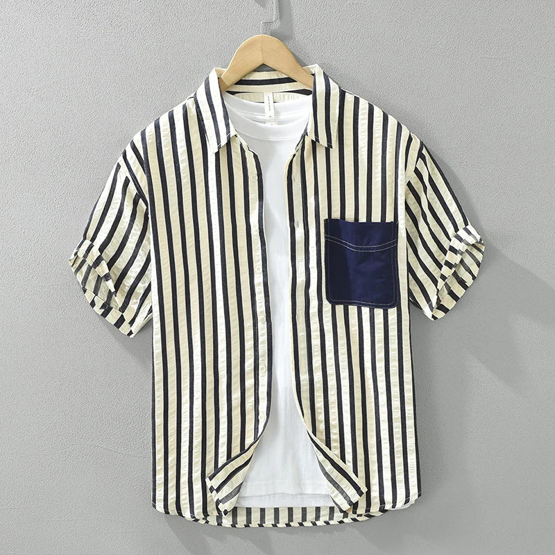 Men's Striped Short Sleeve Shirt - Cotton Casual Summer Shirt