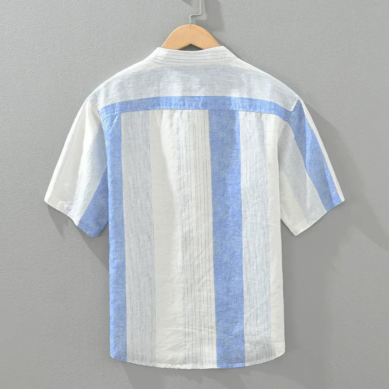 Men's 100% Linen Pullover Short Sleeve Shirt - Striped Casual Loose Fit