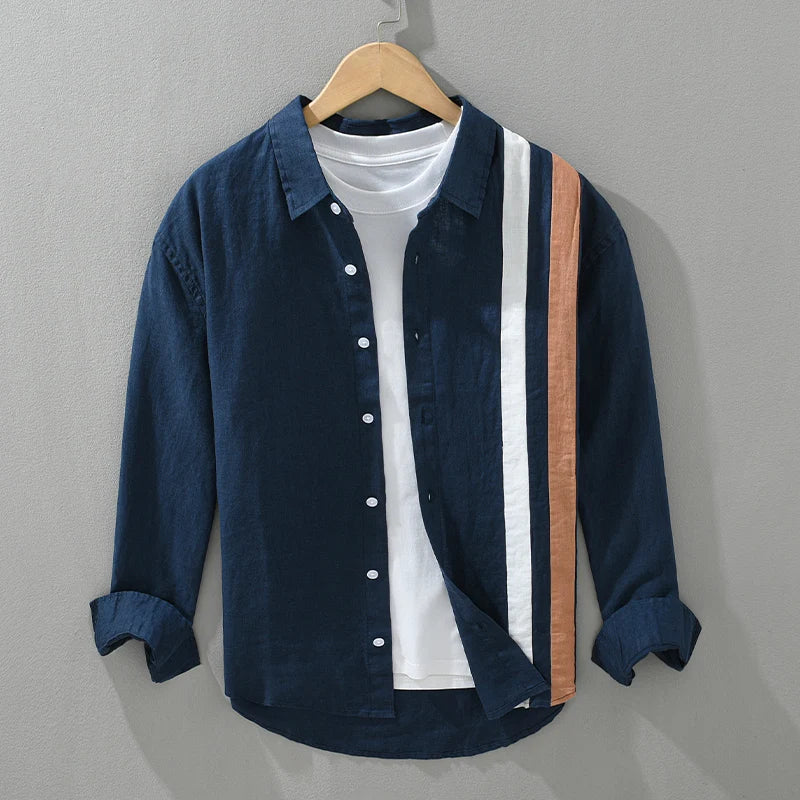 Men's 100% Linen Long Sleeve Shirt - Loose Fit Striped Patchwork Shirt