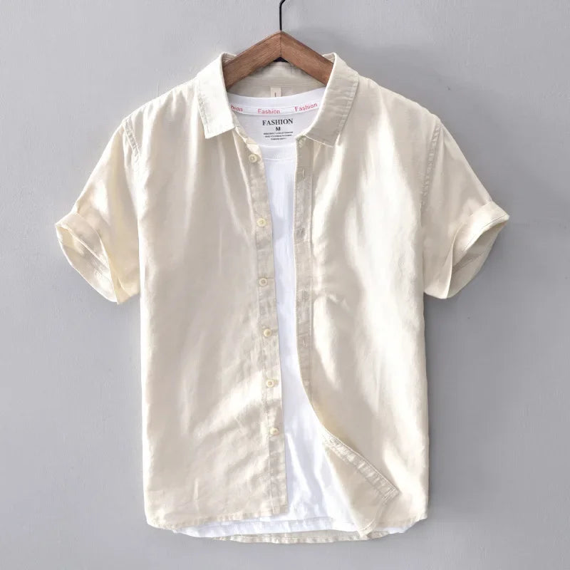 Men's Cotton Linen Short Sleeve Shirt - Yellow Turn-down Collar Summer Top