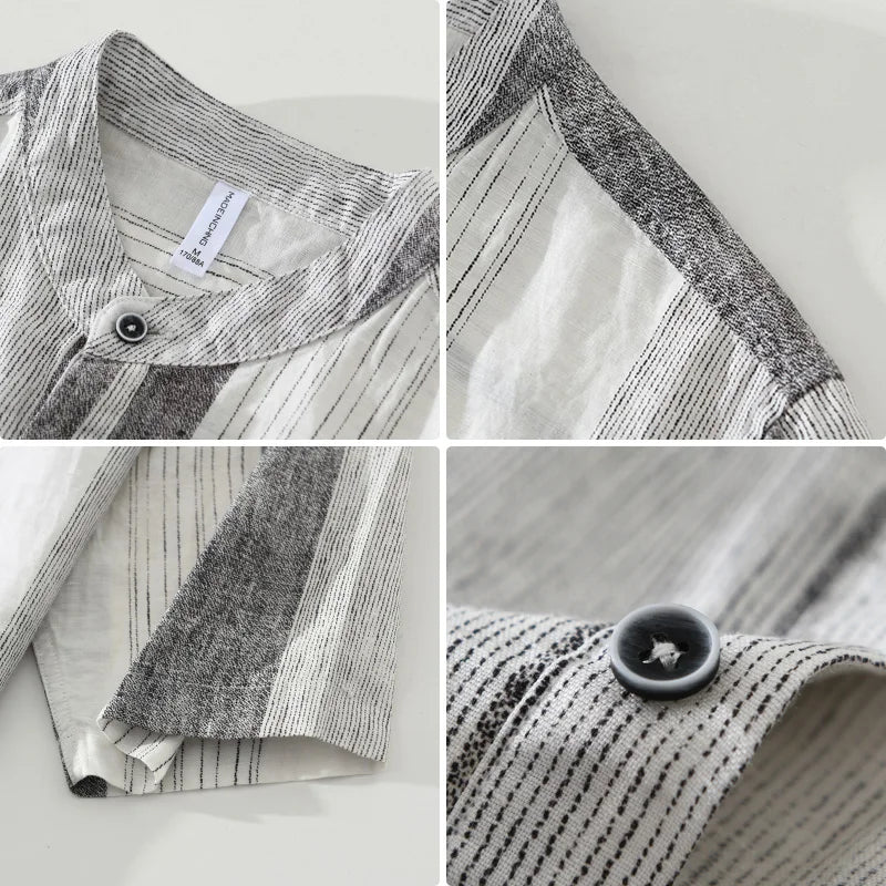 Men's 100% Linen Pullover Short Sleeve Shirt - Striped Casual Loose Fit