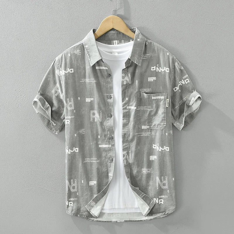 Men's Letter Print Short Sleeve Shirt - Cotton Casual Loose Fit
