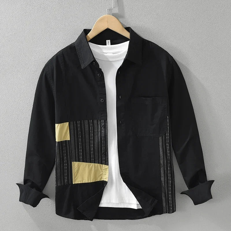 Men's Patchwork Long Sleeve Shirt - Casual Fashion 2024 Autumn Shirt