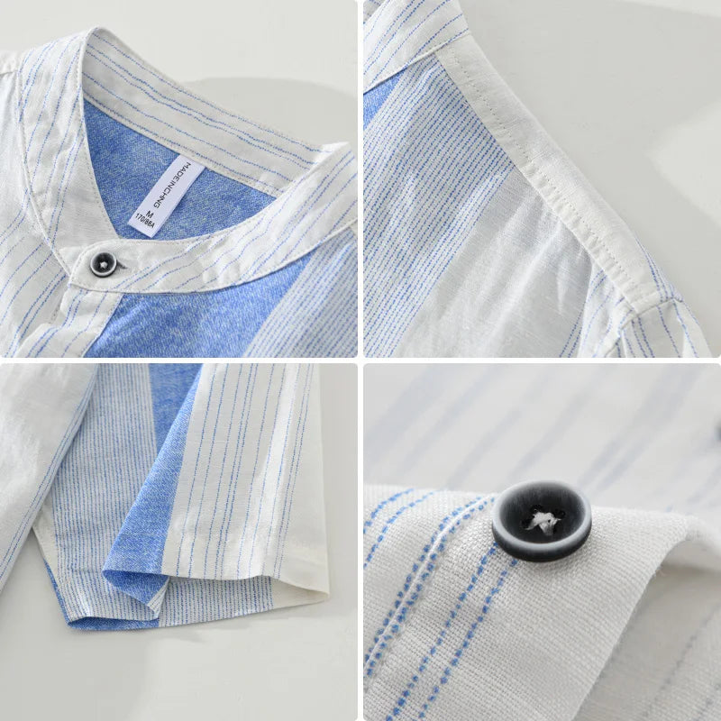 Men's 100% Linen Pullover Short Sleeve Shirt - Striped Casual Loose Fit