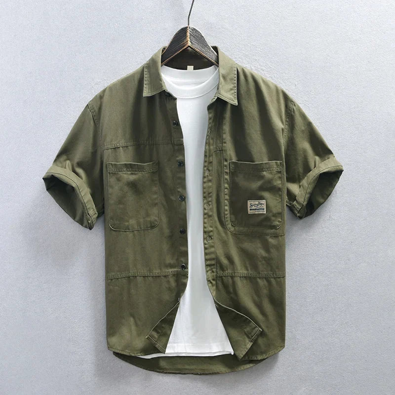 Men's Casual Safari Style Short Sleeve Shirt - 100% Cotton Turn-down Collar