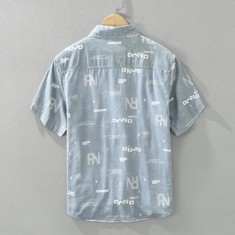 Men's Letter Print Short Sleeve Shirt - Cotton Casual Loose Fit