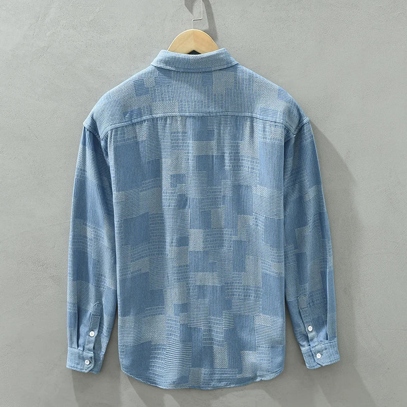 Men's Vintage Patch Shirt - Pure Cotton Long Sleeve Turn-down Collar