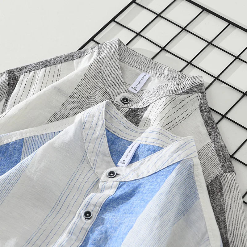 Men's 100% Linen Pullover Short Sleeve Shirt - Striped Casual Loose Fit