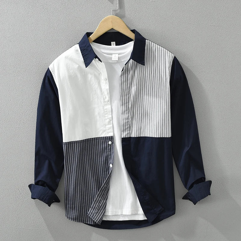Men's Fashion Patchwork Long Sleeve Shirt - Loose Cotton Casual Shirt