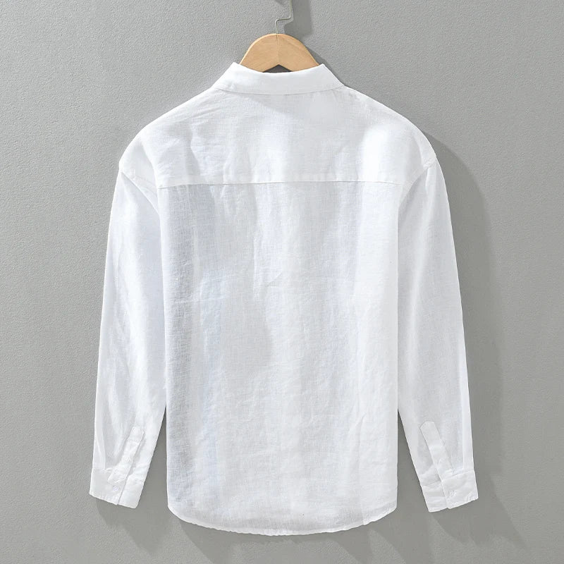 Men's 100% Linen Long Sleeve Shirt - Loose Fit Striped Patchwork Shirt
