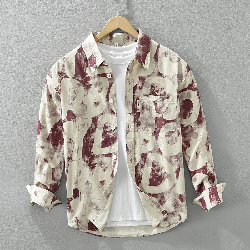 Men's Casual Letter Print Long Sleeve Shirt Coat - 2024 Fashion Turn-down Collar
