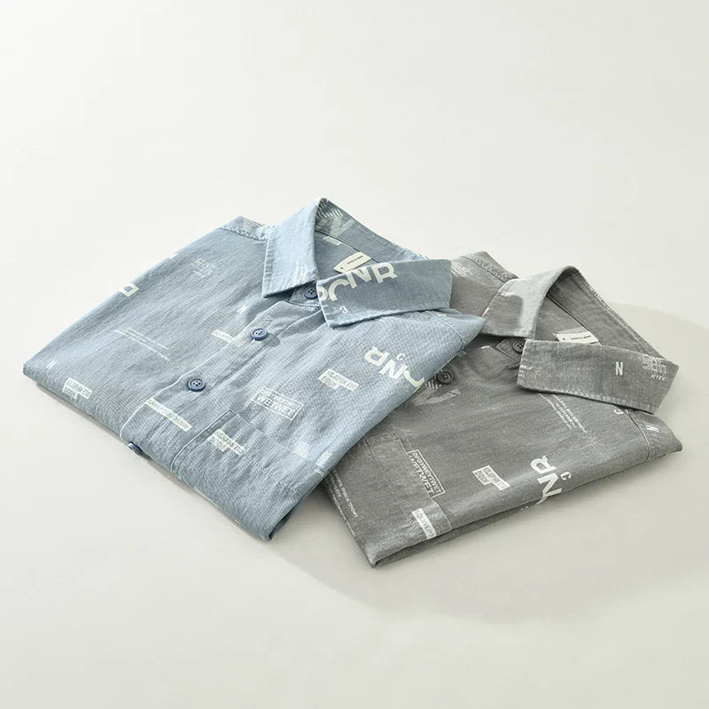 Men's Letter Print Short Sleeve Shirt - Cotton Casual Loose Fit