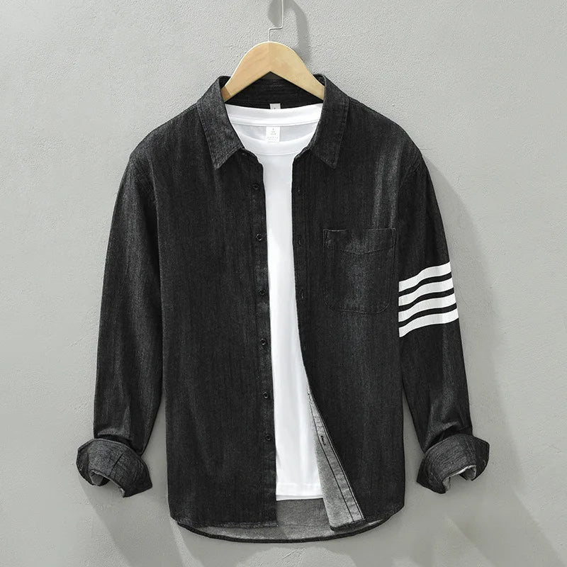 Men's Long Sleeve Denim Shirt - Pure Cotton Casual Stripes Button-Up