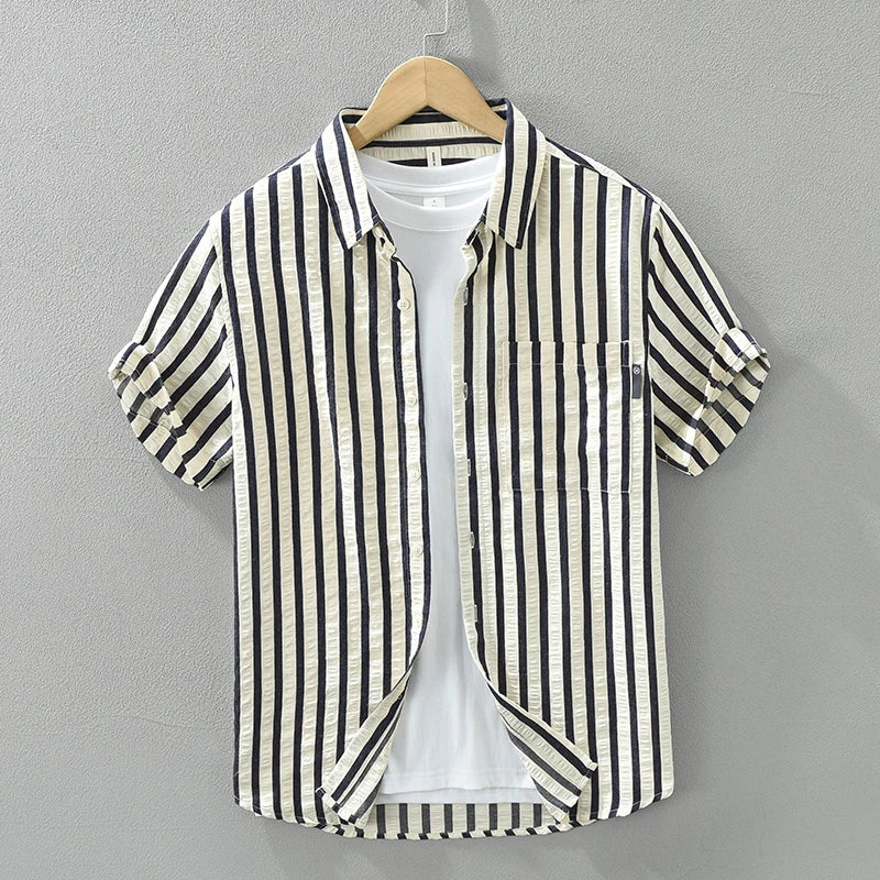 Men's Fashion Striped Short Sleeve Shirt - Loose Casual Summer Shirt