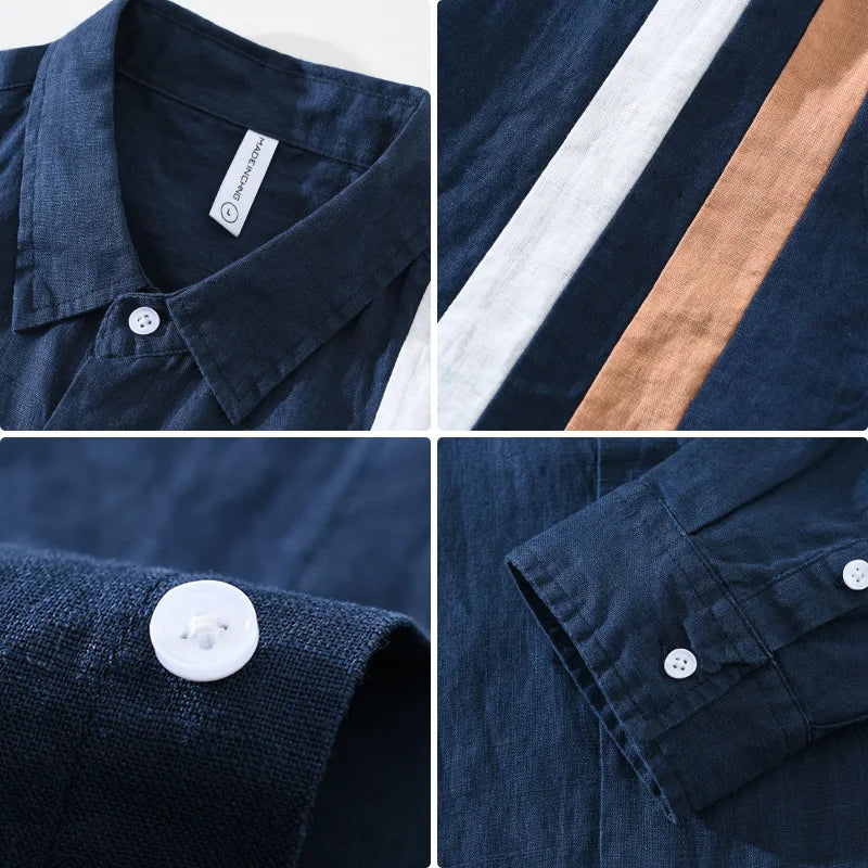 Men's 100% Linen Long Sleeve Shirt - Loose Fit Striped Patchwork Shirt