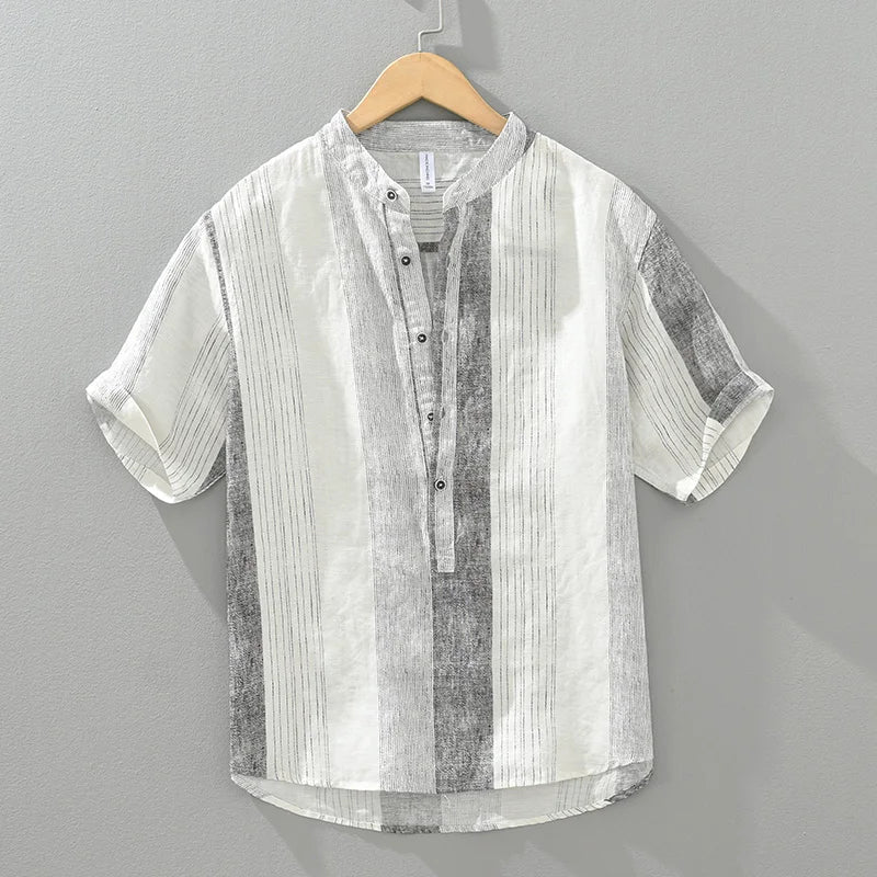 Men's 100% Linen Pullover Short Sleeve Shirt - Striped Casual Loose Fit