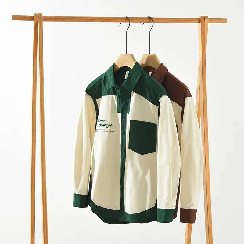 Men's Casual Patchwork Long Sleeve Shirt Coat - 2024 Fashion Turn-down Collar