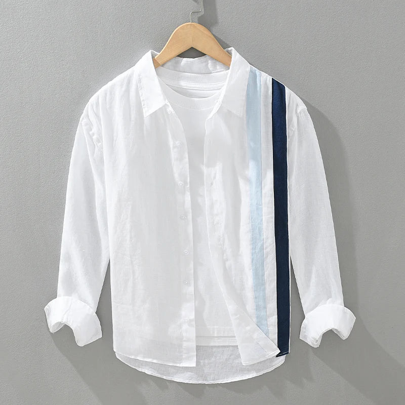 Men's 100% Linen Long Sleeve Shirt - Loose Fit Striped Patchwork Shirt
