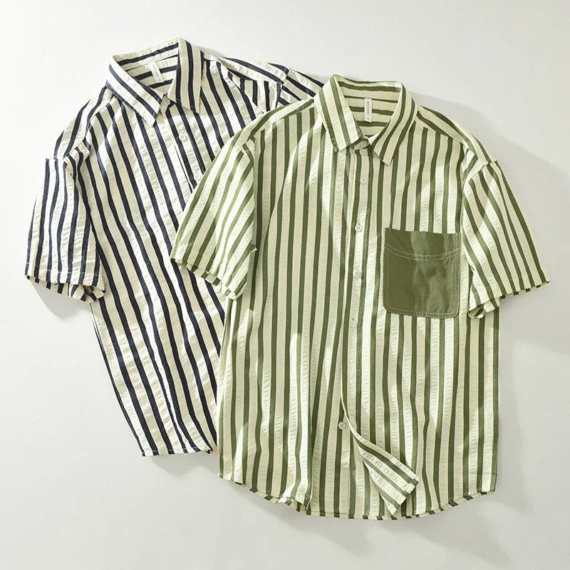 Men's Striped Short Sleeve Shirt - Cotton Casual Summer Shirt