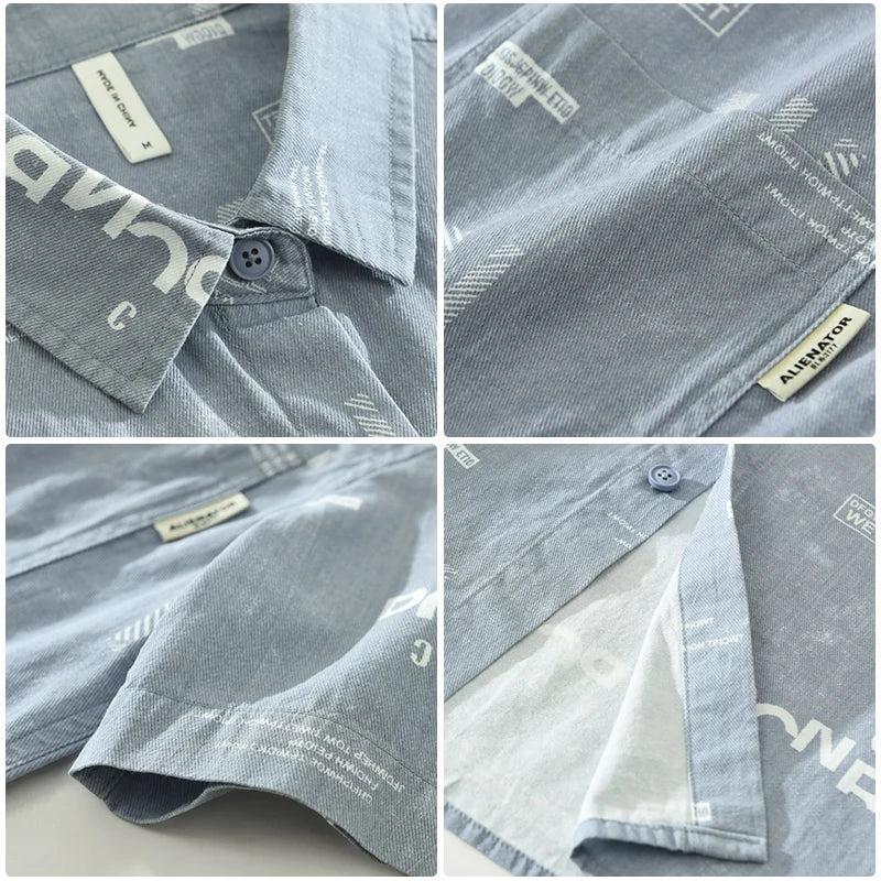 Men's Letter Print Short Sleeve Shirt - Cotton Casual Loose Fit
