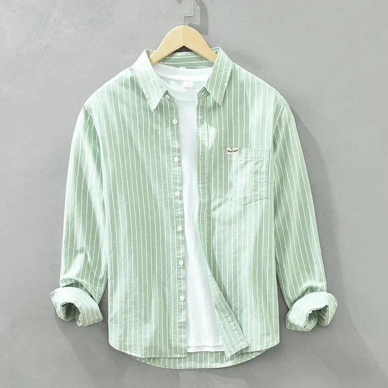 Men's Green Striped Cotton Long Sleeve Shirt - Loose Fit Oxford Shirt