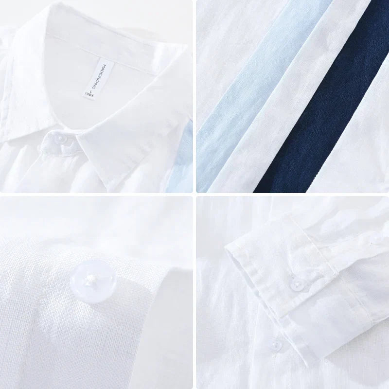 Men's 100% Linen Long Sleeve Shirt - Loose Fit Striped Patchwork Shirt