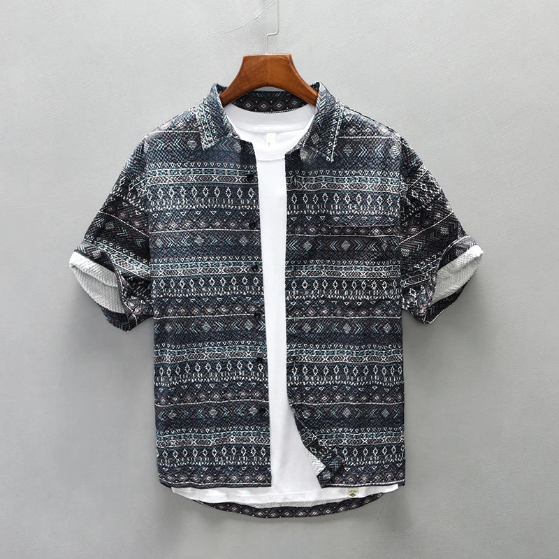 Men's Casual Digital Print Short Sleeve Shirt - Loose Plus Size Button-up