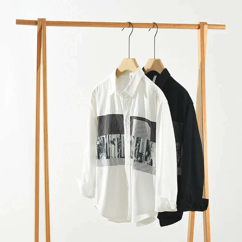 Men's Fashion Print Patchwork Long Sleeve Shirt - Loose Cotton Casual Shirt
