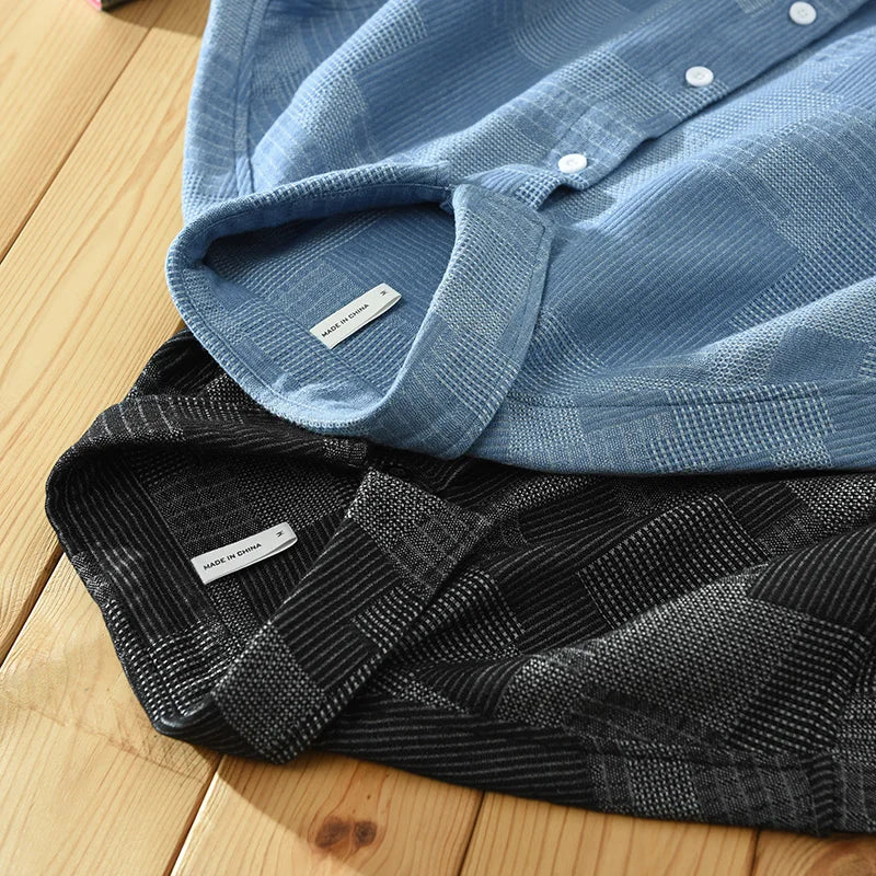 Men's Vintage Patch Shirt - Pure Cotton Long Sleeve Turn-down Collar