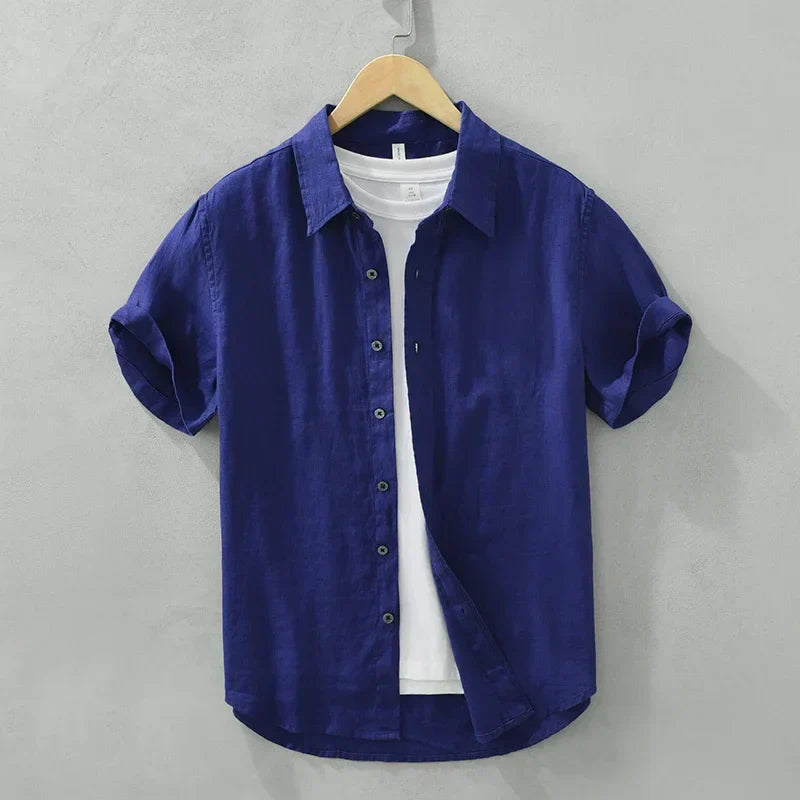Men's Fashion Linen Short Sleeve Shirt - Solid Casual Turn-down Collar