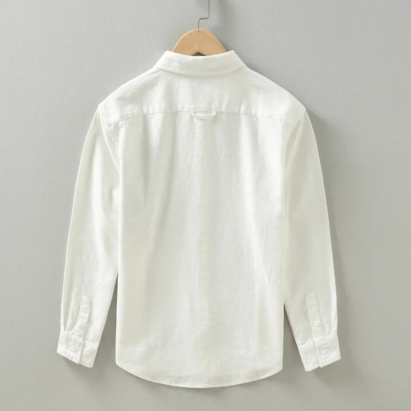 Men's Casual Cotton Long Sleeve Shirt - White Button-up Top
