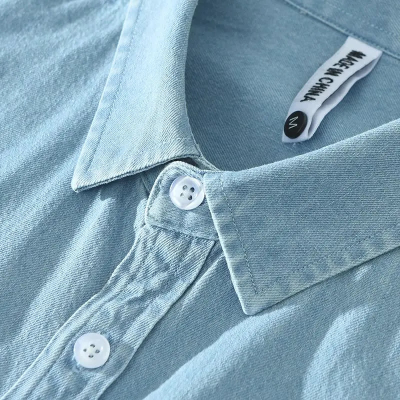 Men's Long Sleeve Denim Shirt - Pure Cotton Casual Stripes Button-Up