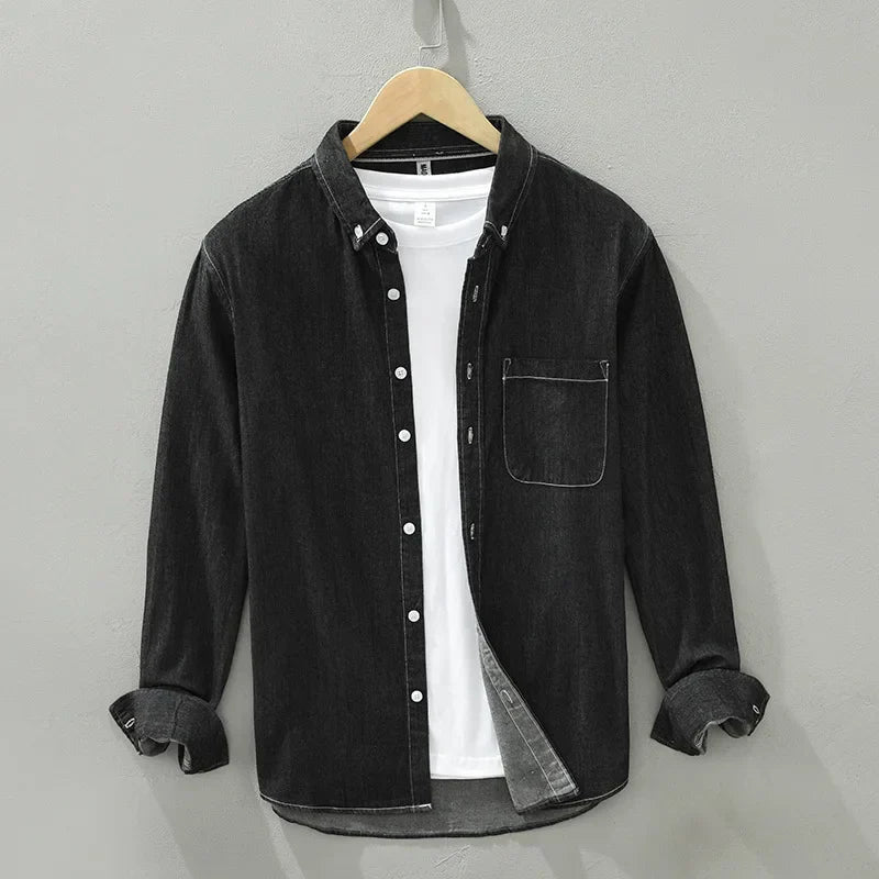 Men's Long Sleeve Denim Shirt - Pure Cotton Casual Stripes Button-Up