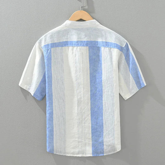 Men's 100% Linen Pullover Short Sleeve Shirt - Striped Casual Loose Fit