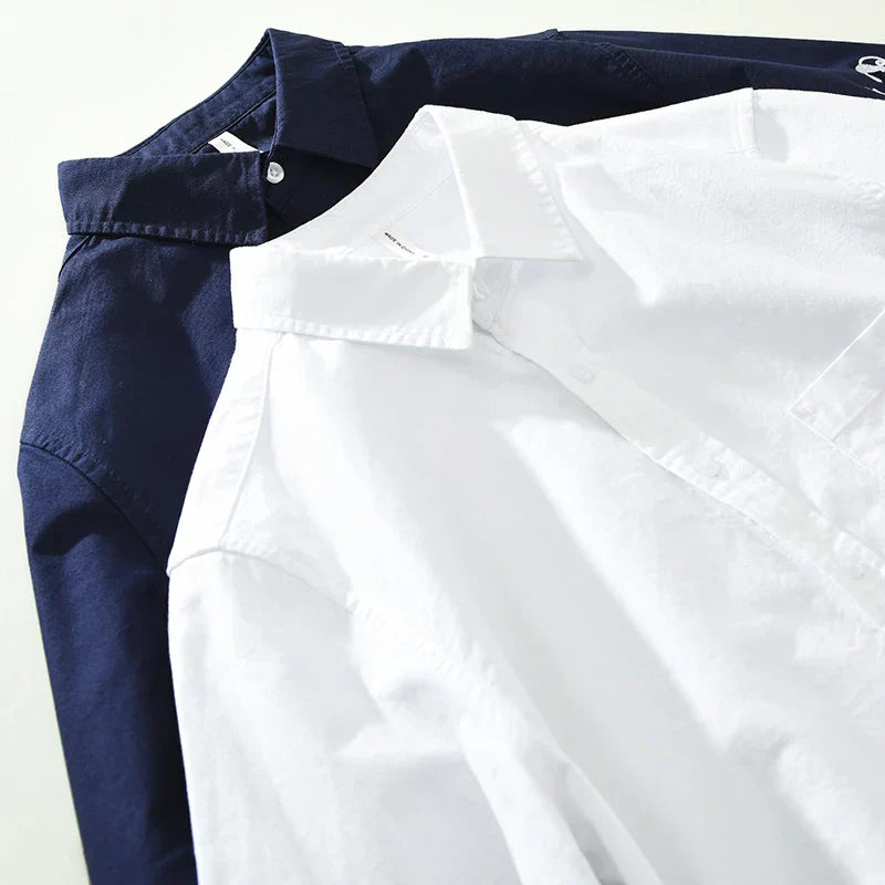 Men's Fashion White Long Sleeve Shirt - Loose Embroidery Cotton Casual Shirt