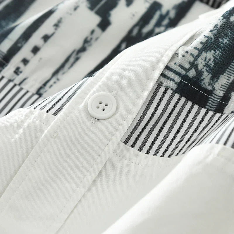 Men's Fashion Print Patchwork Long Sleeve Shirt - Loose Cotton Casual Shirt