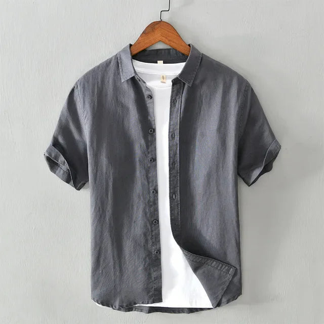 Men's Cotton Linen Short Sleeve Shirt - Yellow Turn-down Collar Summer Top