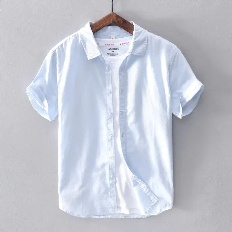 Men's Cotton Linen Short Sleeve Shirt - Yellow Turn-down Collar Summer Top