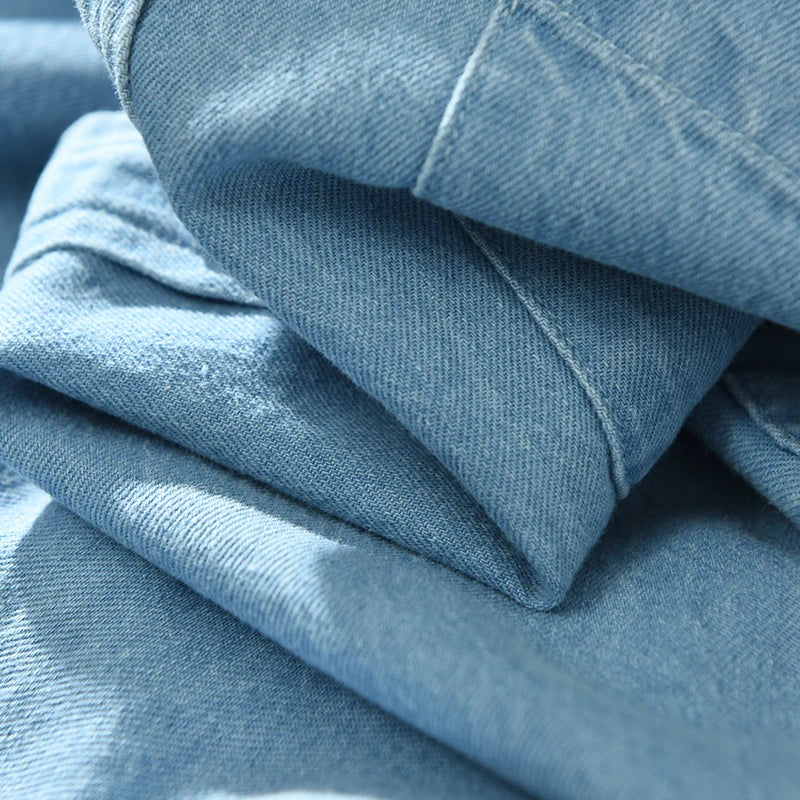 Men's Long Sleeve Denim Shirt - Pure Cotton Casual Stripes Button-Up