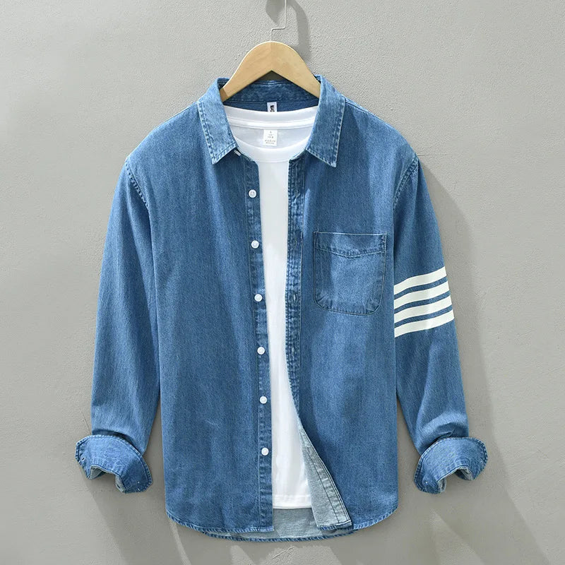 Men's Long Sleeve Denim Shirt - Pure Cotton Casual Stripes Button-Up