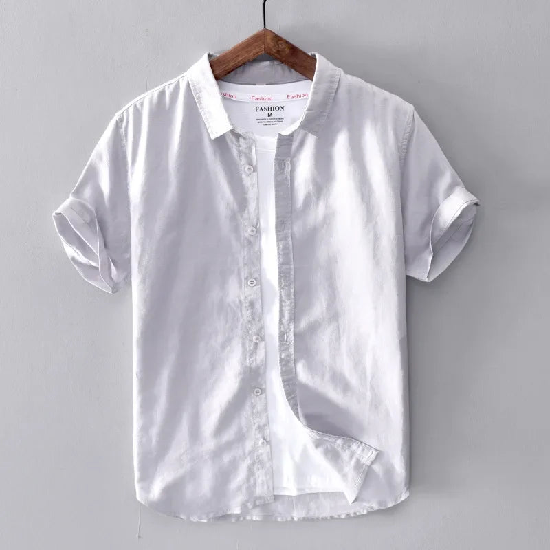 Men's Cotton Linen Short Sleeve Shirt - Yellow Turn-down Collar Summer Top