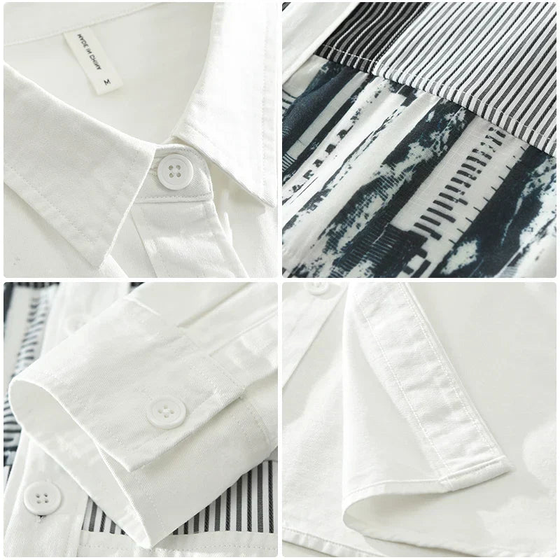Men's Fashion Print Patchwork Long Sleeve Shirt - Loose Cotton Casual Shirt