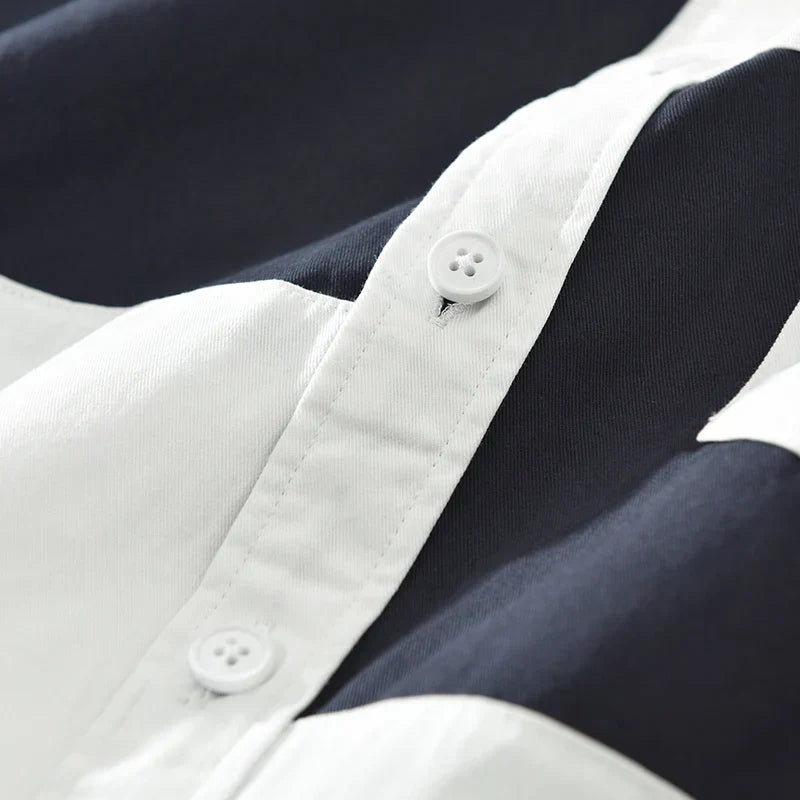 Men's Casual Patchwork Long Sleeve Shirt - Cotton Turn-down Collar Vintage Shirt