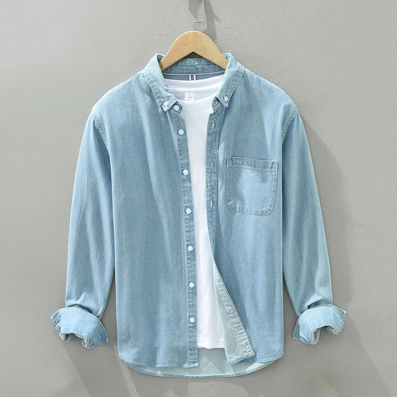 Men's Long Sleeve Denim Shirt - Pure Cotton Casual Stripes Button-Up