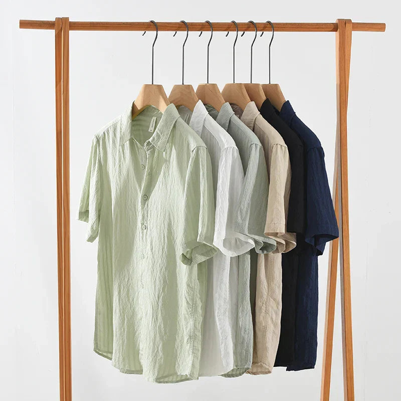 Men's Casual Solid Cotton Shirt - Oversize Loose Short Sleeve Summer Shirt