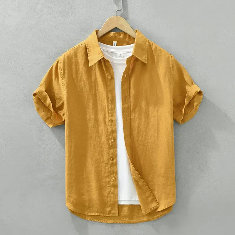 Men's Fashion Linen Short Sleeve Shirt - Solid Casual Turn-down Collar