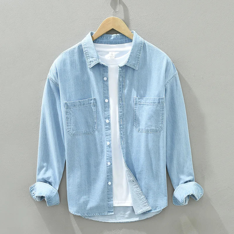 Men's Long Sleeve Denim Shirt - Pure Cotton Casual Stripes Button-Up